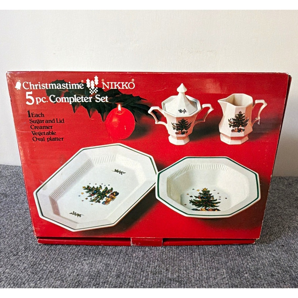 Nikko Christmastime 5-Piece Tableware Set Sugar Lid Creamer Bowl Platter